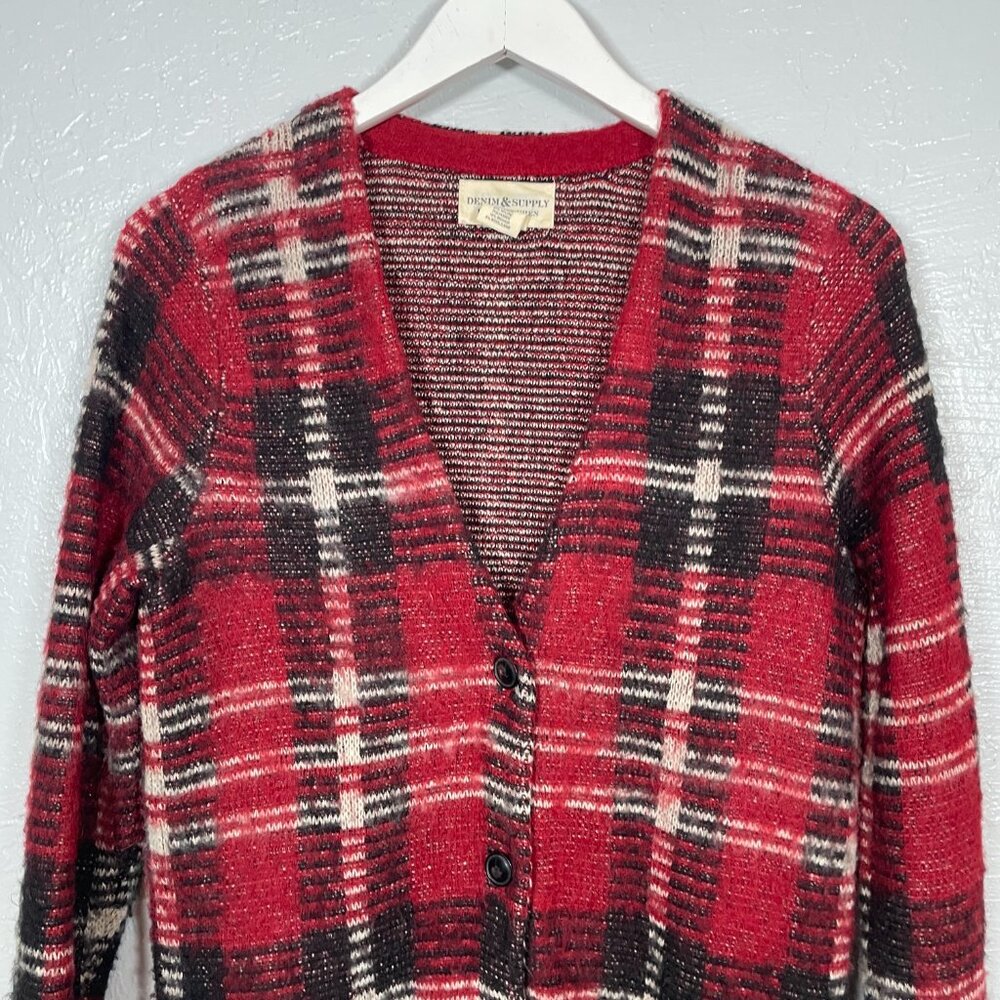 Denim & Supply Ralph Lauren Women S Red Black Mohair Wool Blend Plaid Cardigan - Picture 3 of 9